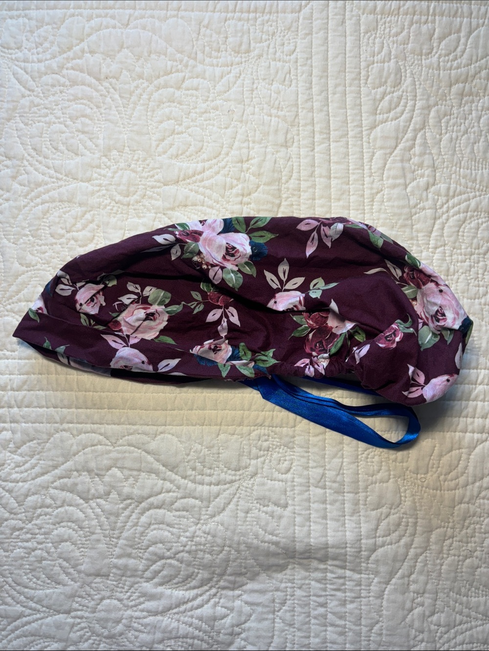 Floral Scrub Cap in Plum with Pink Roses